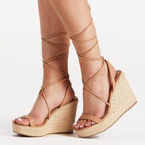 NEW Lace-Up Ankle Wrap Faux Leather Straps Espadrille Wedge Sandals Natural Nude